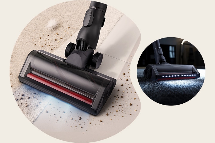 DUAL Floor Max™ Nozzle cleaning both carpet and hard floor with red brush roller visible. Power Drive Mop™ vacuuming and mopping simultaneously on wooden floor in living room.