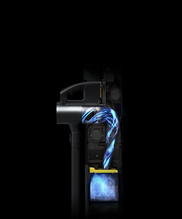 Internal view of auto-emptying compartment with blue dust flow depicted.