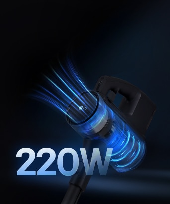 A9L vacuum with up to 220W suction power visualized by blue airflow lines.