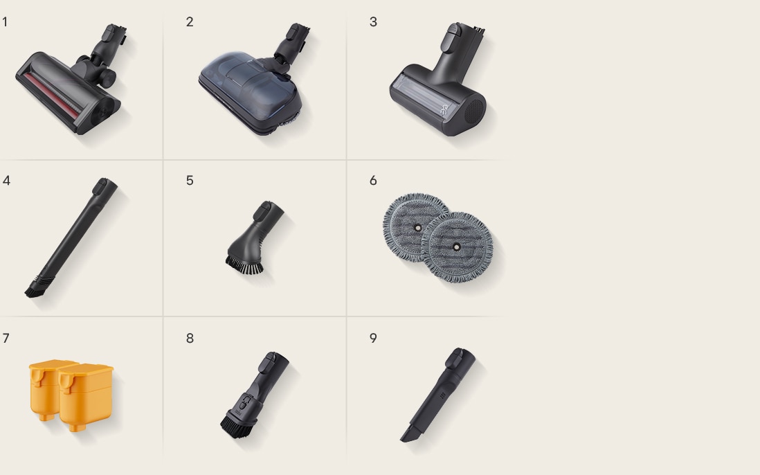 LG A9L-titan vacuum with included accessories: various nozzles, tools, mop pads, extension hose, and dual battery.