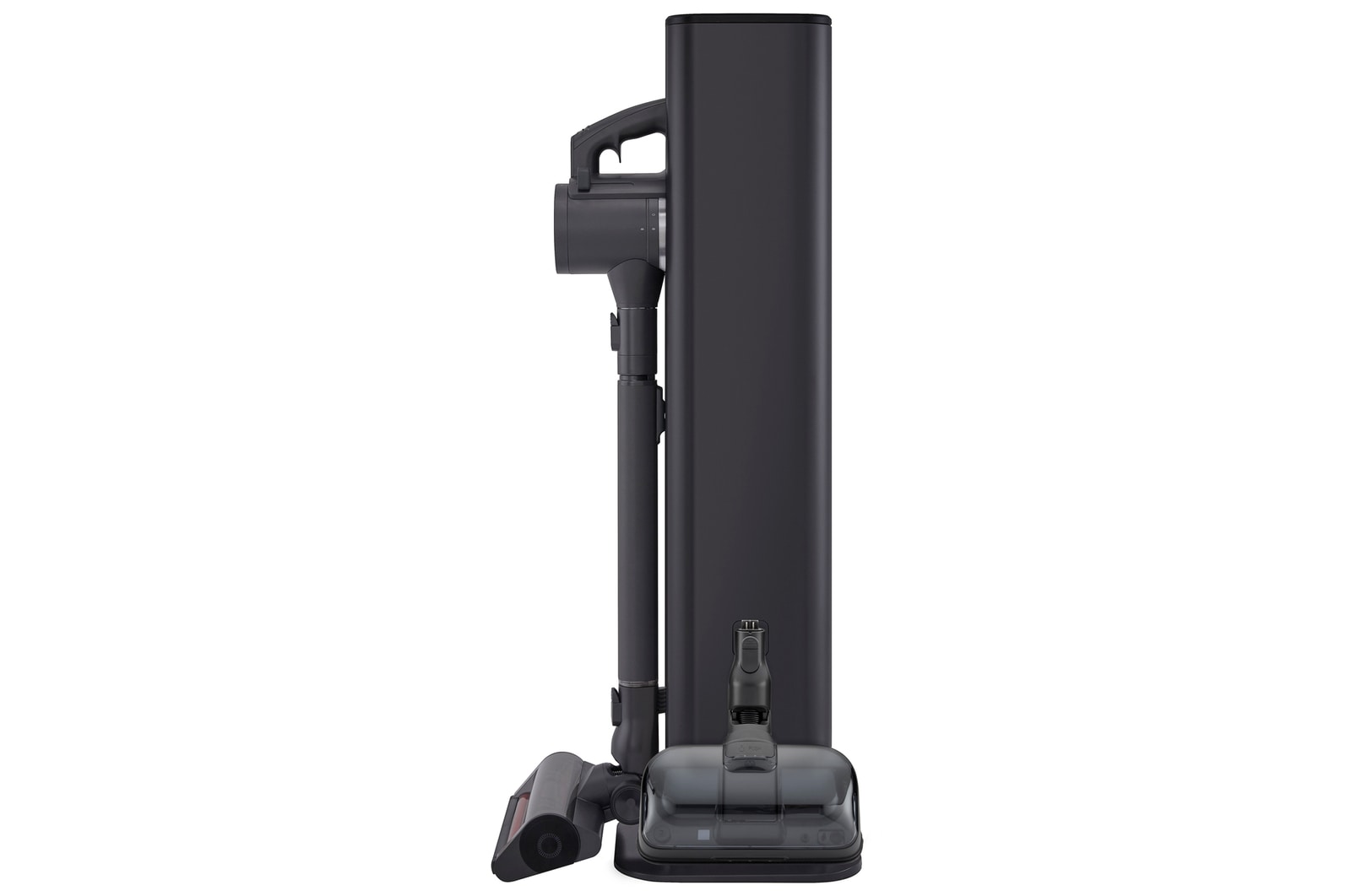 LG a9l-titan vacuum with included accessories: various nozzles, tools, mop pads, extension hose, and extra battery