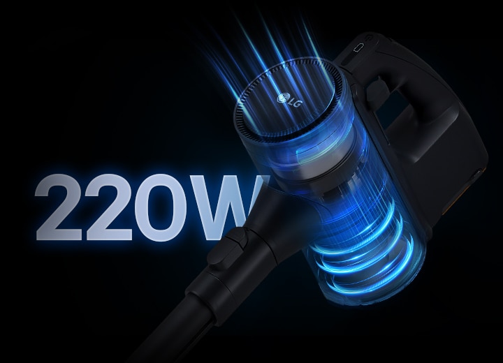 Close-up of A9L vacuum with blue airflow and up to 220W suction text.