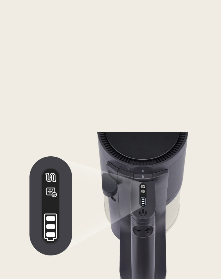 Close-up shot of thumb touch control panel showing battery status.