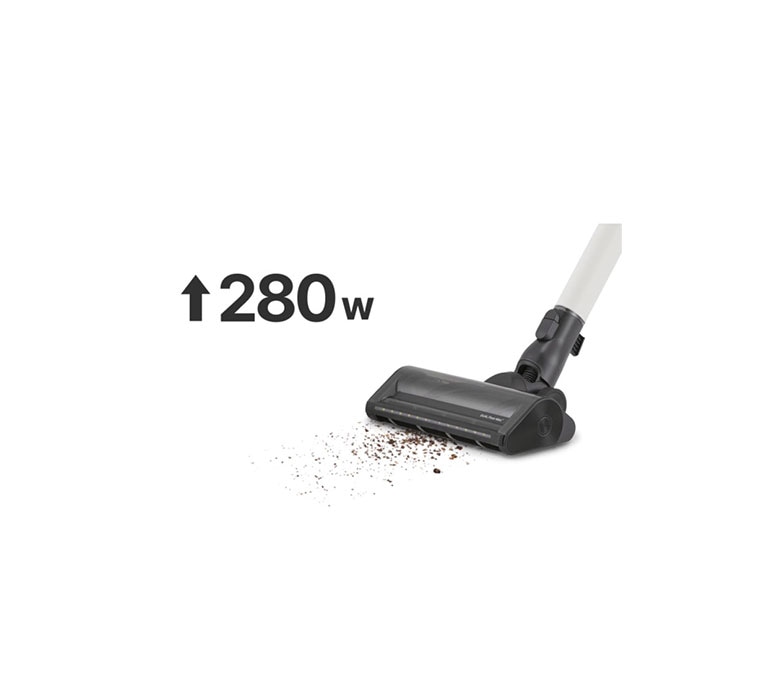 Video of a stick vacuum sucking up dust and moving while displaying alternating indicators for vacuum performance and weight.