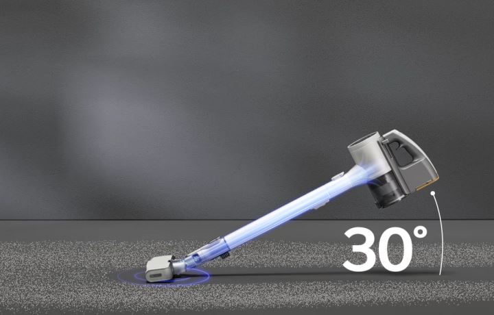 A vacuum cleaner automatically turns off when laid flat without movement for 3 seconds and powers on when lifted over 30 degrees.