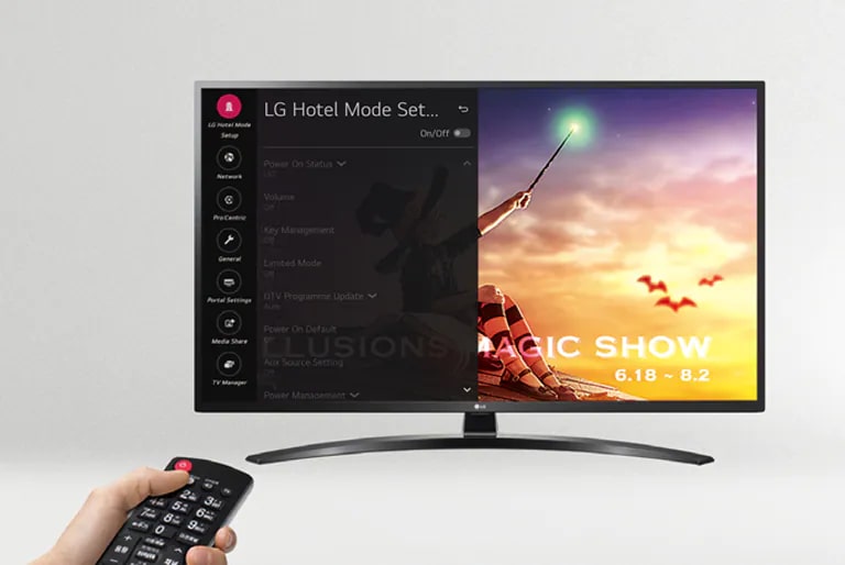 A person is controlling the TV settings with Hotel Mode.