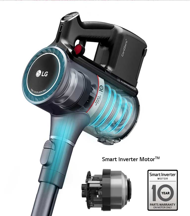The handle area of the handstick vacuum cleaner is shown on the left with the Smart Inverter Motor™ which is inside shown on the right outside of the machine.