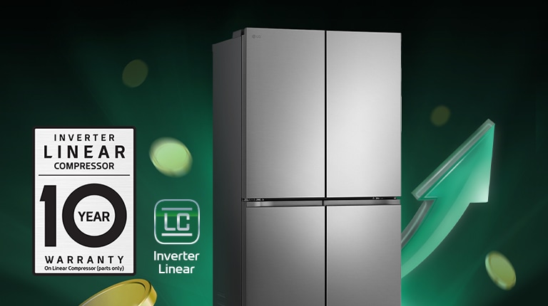 Refrigerator with 10yr parts warranty icon on black background