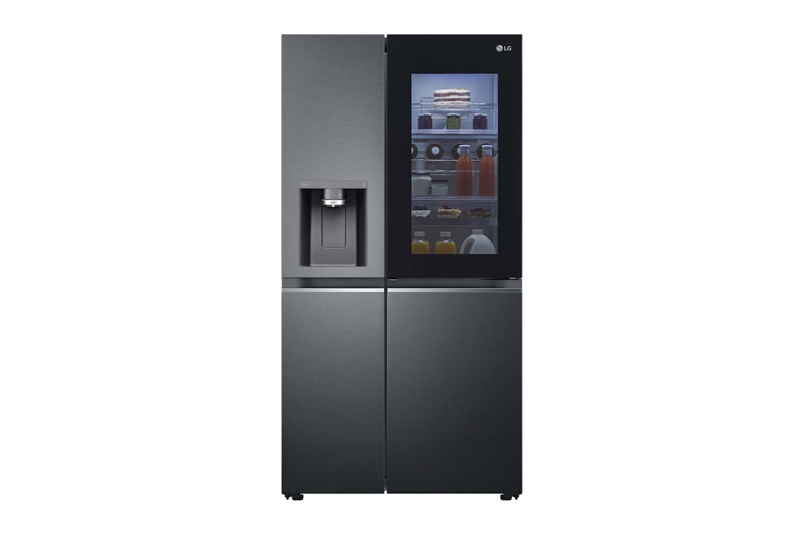 LG 635L Side by Side Fridge in Matte Black Finish, front light on food view, GS-V635MBLC, thumbnail 1