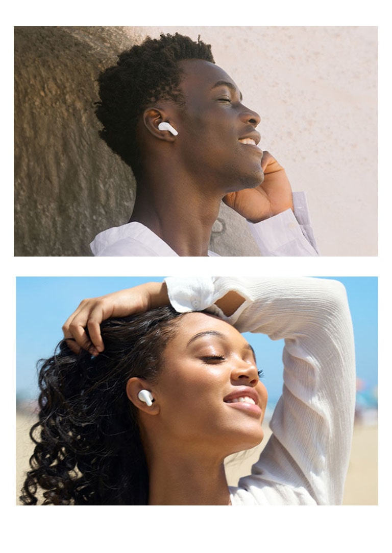 A man is wearing T90 earbuds and listening to music with his eyes closed.