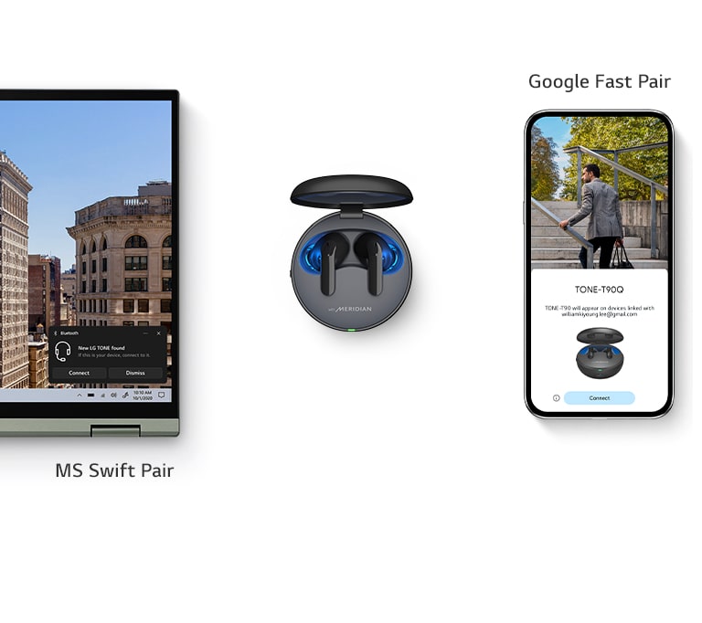 A video of rings around the case represent the pairing effect and a pairing pop-up window appears on the laptop and smartphone.