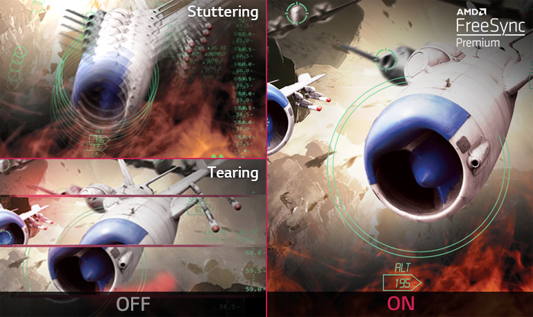 Clear gaming image with seamless, fluid movement when AMD FreeSync™ Premium Pro technology is on, while screen stuttering and tearing occur when AMD FreeSync™ Premium Pro technology is off.