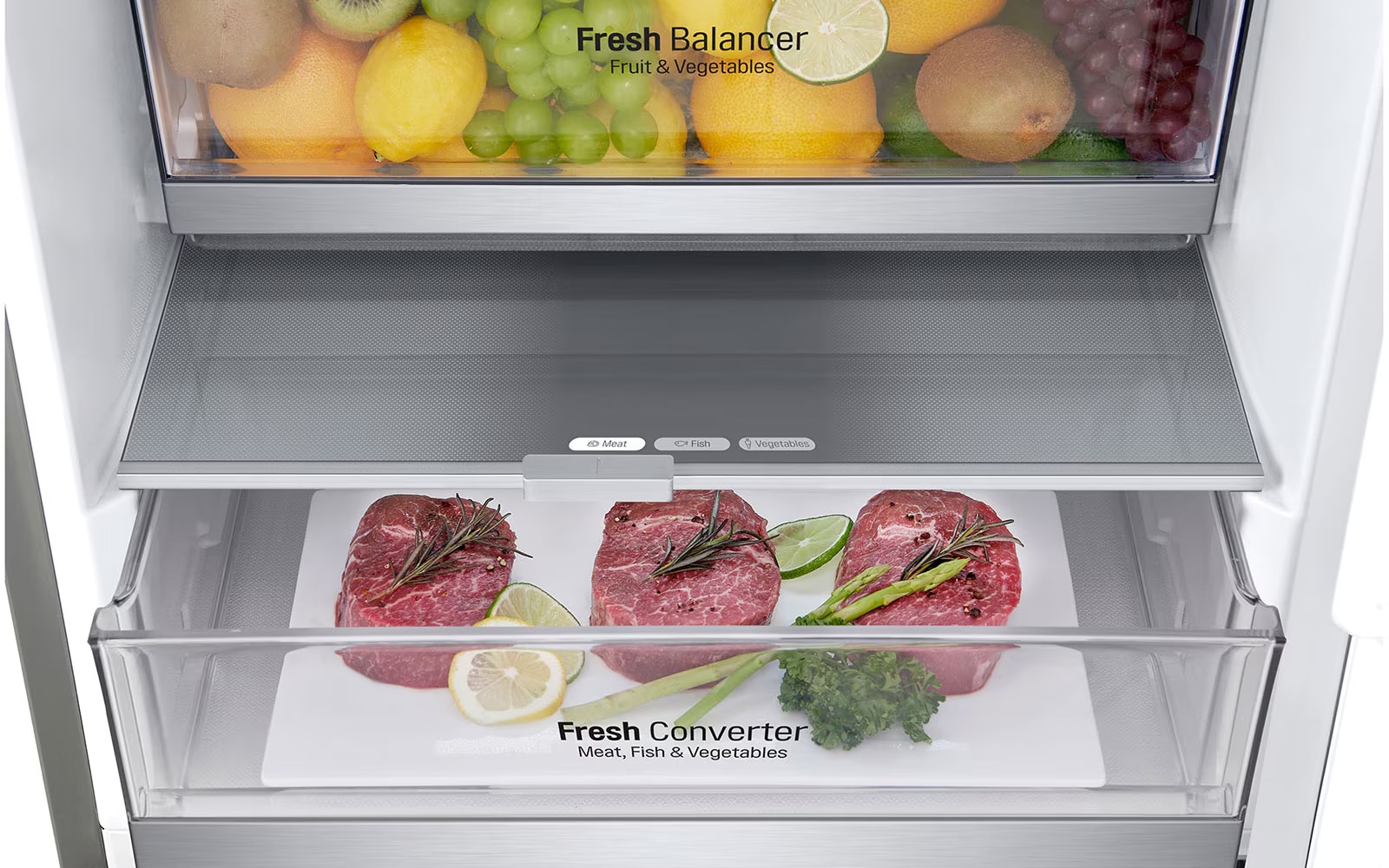 : Interior of an LG fridge with two clear drawers. The top drawer is filled with colourful fruits like lemons, grapes, and kiwis, labelled "Fresh Balancer." The bottom drawer contains neatly arranged raw steaks garnished with herbs, labelled "Fresh Converter." The sleek design emphasises organised, fresh storage for various foods.