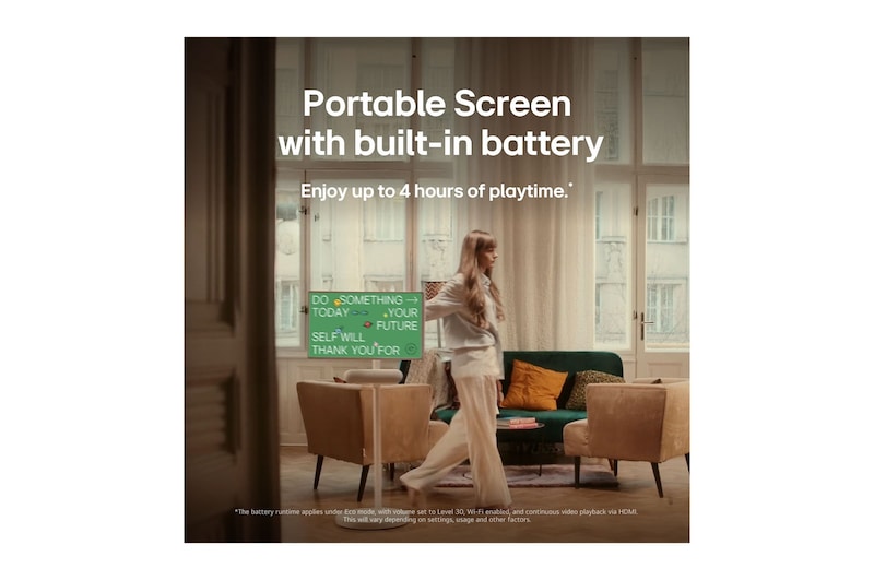 LG StanbyME 2 is hung on the wall to showcase its Motion Art Screen. Mood Maker is in use. An artwork is on display showing how it can be used as a stylish addition to any space. 