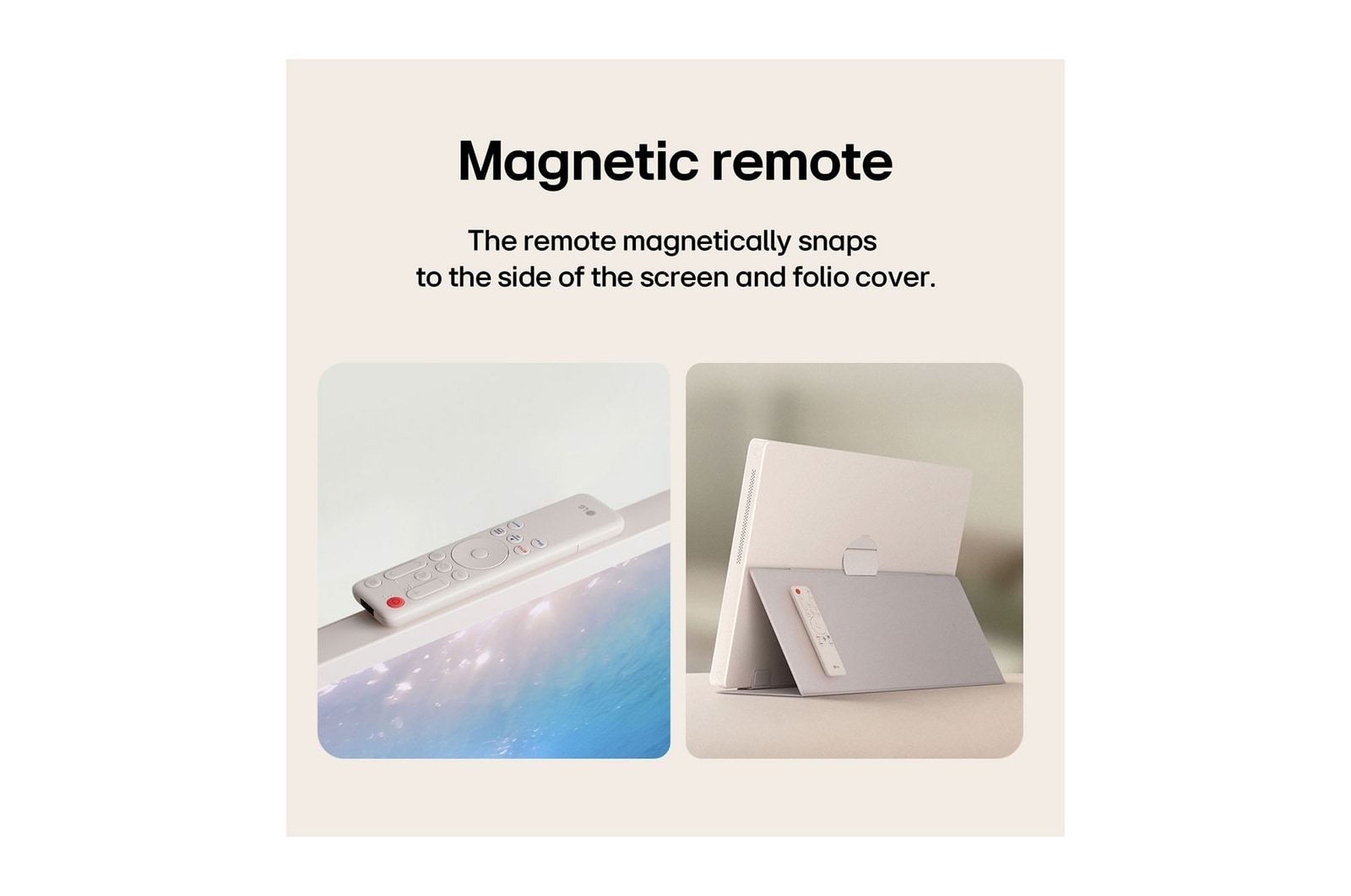 LG StanbyME 2. A hand interacting with the touch screen showing ease of use. The text talks about being able to connect your screen with other devices easily. 