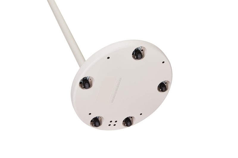 Bottom view of the LG StanbyME 2 stand. Wheels beneath the stand are visible. 