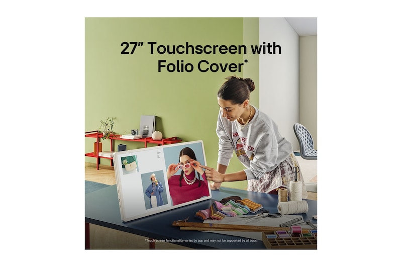 A person rolling their LG StanbyME 2 using the TV stand. The text explains how the Super Portable Screen has 4 hours of wireless playback and USB-C. 