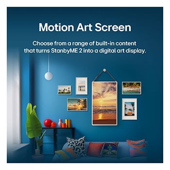 LG StanbyME 2 is on a table. Let's Draw is in use. A person is creating artwork using just their finger and the touchscreen. The text talks about how you can use your screen as a digital canvas and display artwork through the Always On Display.