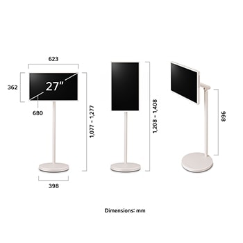 Length, width, height, and depth dimensions of the LG StanbyME 2 and the stand.