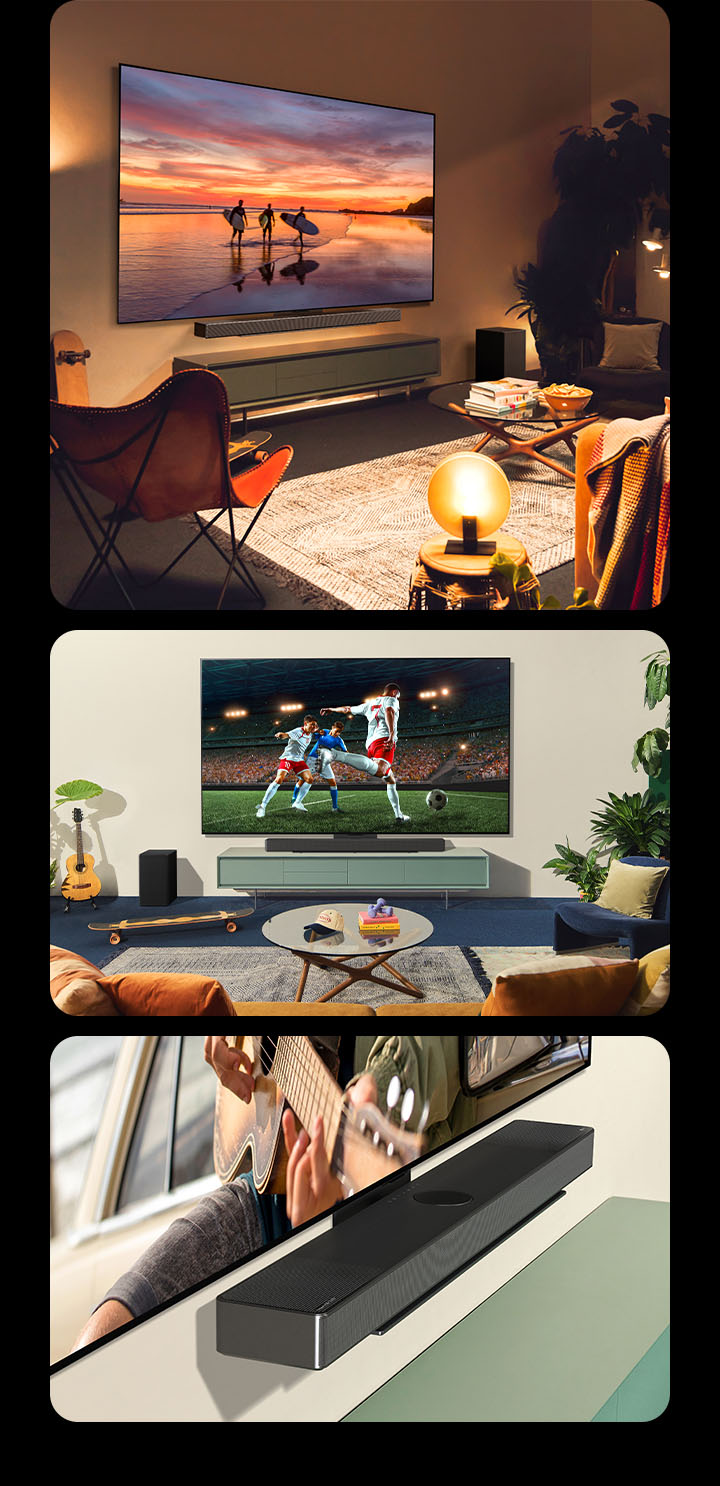 A side profile view of LG OLED evo C4 showing landscape photography in a casual and bohemian-style living room with warm lights. Two women enjoying and cheering on the soccer game playing on LG OLED evo C4 in a bright and casual living room. The LG Soundbar SC9 attaches neatly to the TV. An angled crop view of LG OLED evo C4 attached to LG Soundbar SC9 with the Synergy Bracket.