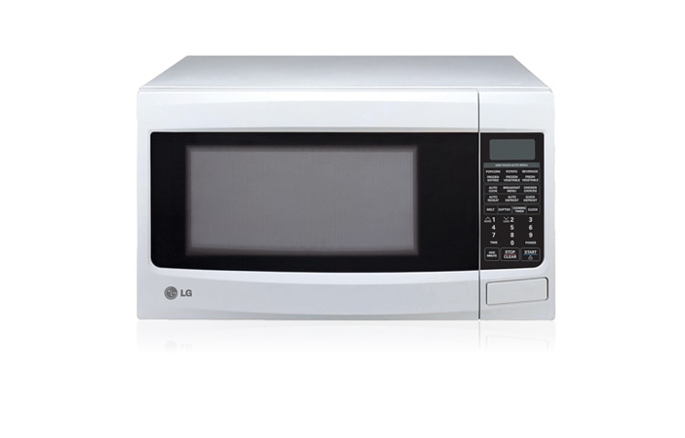 Front view of 34L White Round Cavity Microwave Oven with 10 different power levels and Auto Cook Menus MS3446VRW