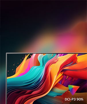 The screen contains various colors representing UHD 4K, and in the bottom right corner, there is a logo indicating DCI-P3 90%.