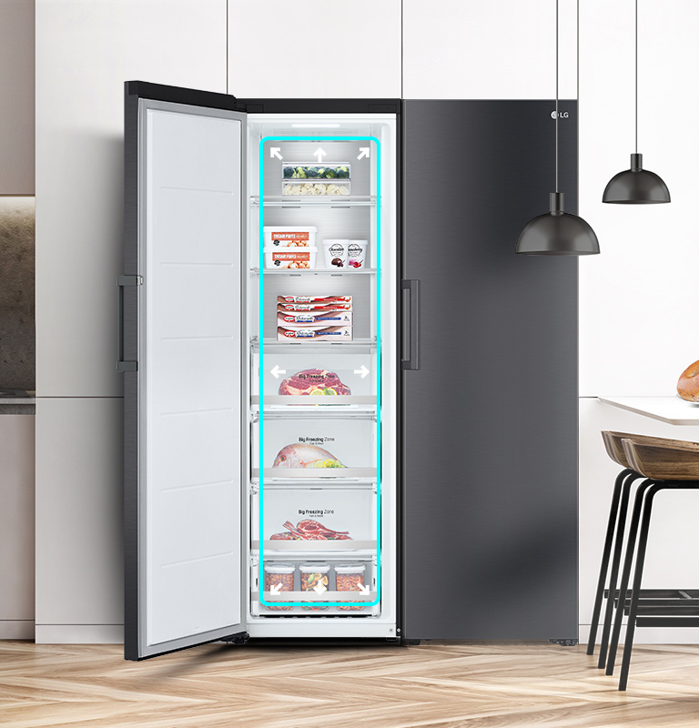 The freezer is displayed from an angle where it fits seamlessly with the cabinets in a modern kitchen.