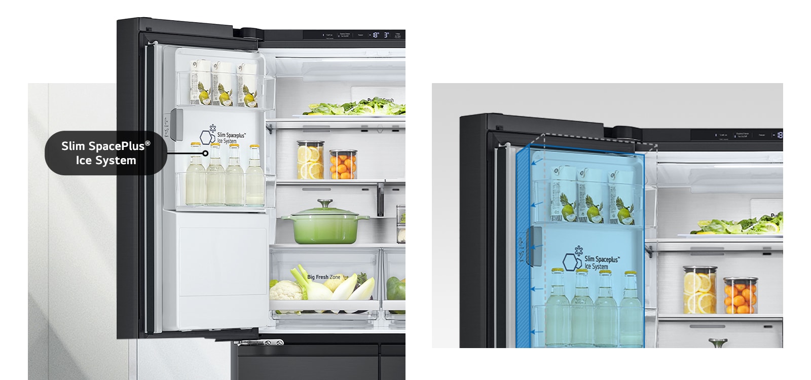 Inside the refrigerator, a slim indoor ice maker is highlighted in blue and the refrigerator is full of ingredients