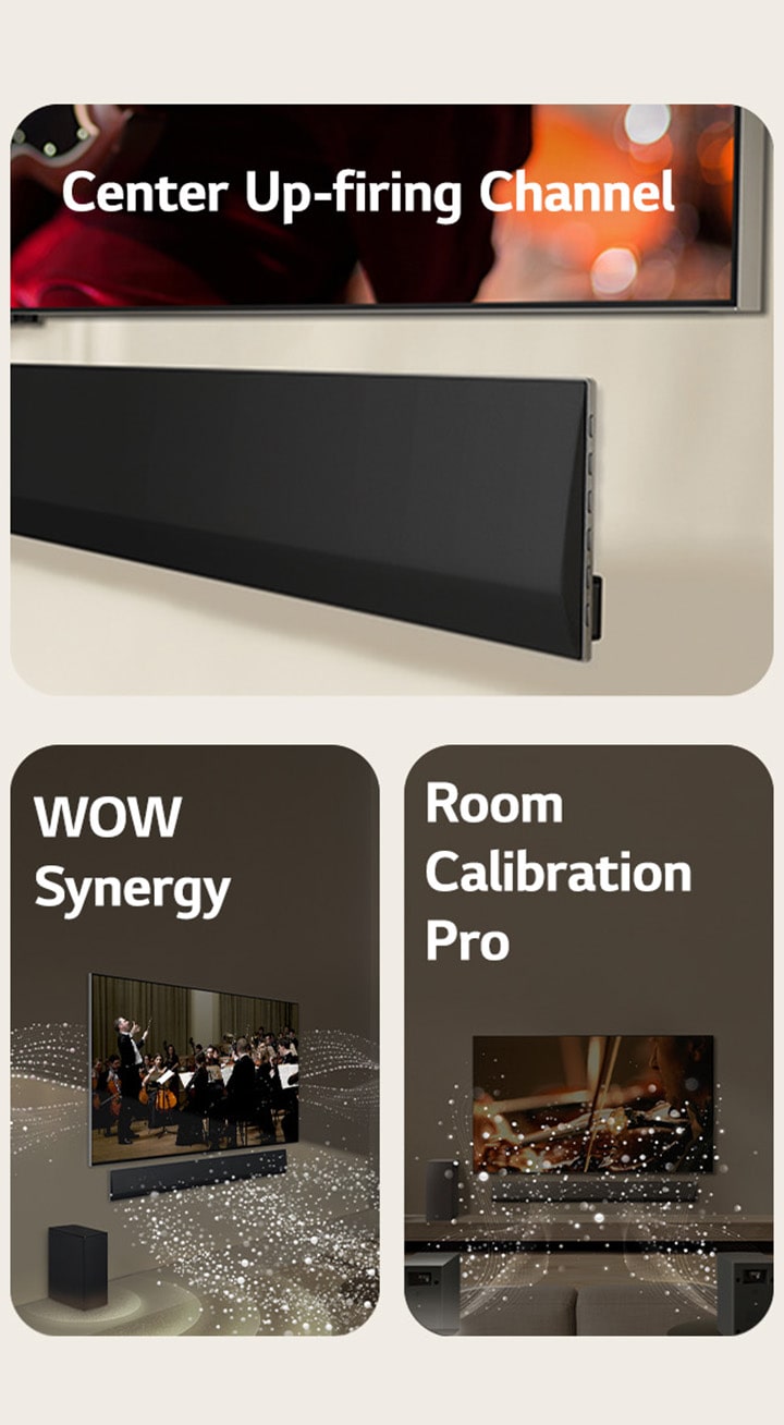 An angled perspective of the bottom of an LG TV and LG Soundbar, mounts against the wall. LG Soundbar and LG TV in a living room playing an orchestra performance. White waves of droplets representing soundwaves shoot forward from the soundbar and project from the TV, as subwoofer is creating a sound effect from the bottom. LG Soundbar, LG TV, rear speakers and a subwoofer are in a living room. A grid overlay appears over the room, like a scan of the space. White soundwaves made of droplets are coming out from the frontal perspective of the rear speakers.