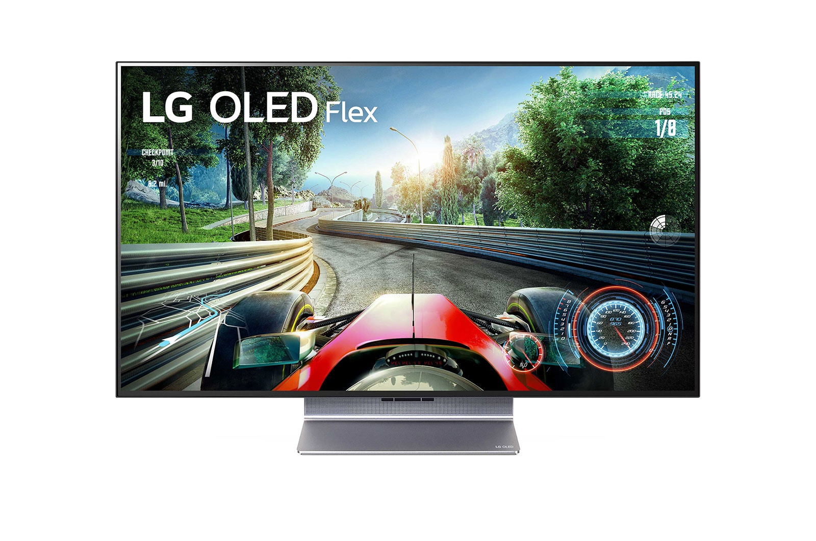 Left-facing Flex seen from a front 45-degree angled view with a fully curved screen.