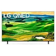 A front view of the LG QNED TV with infill image and product logo on