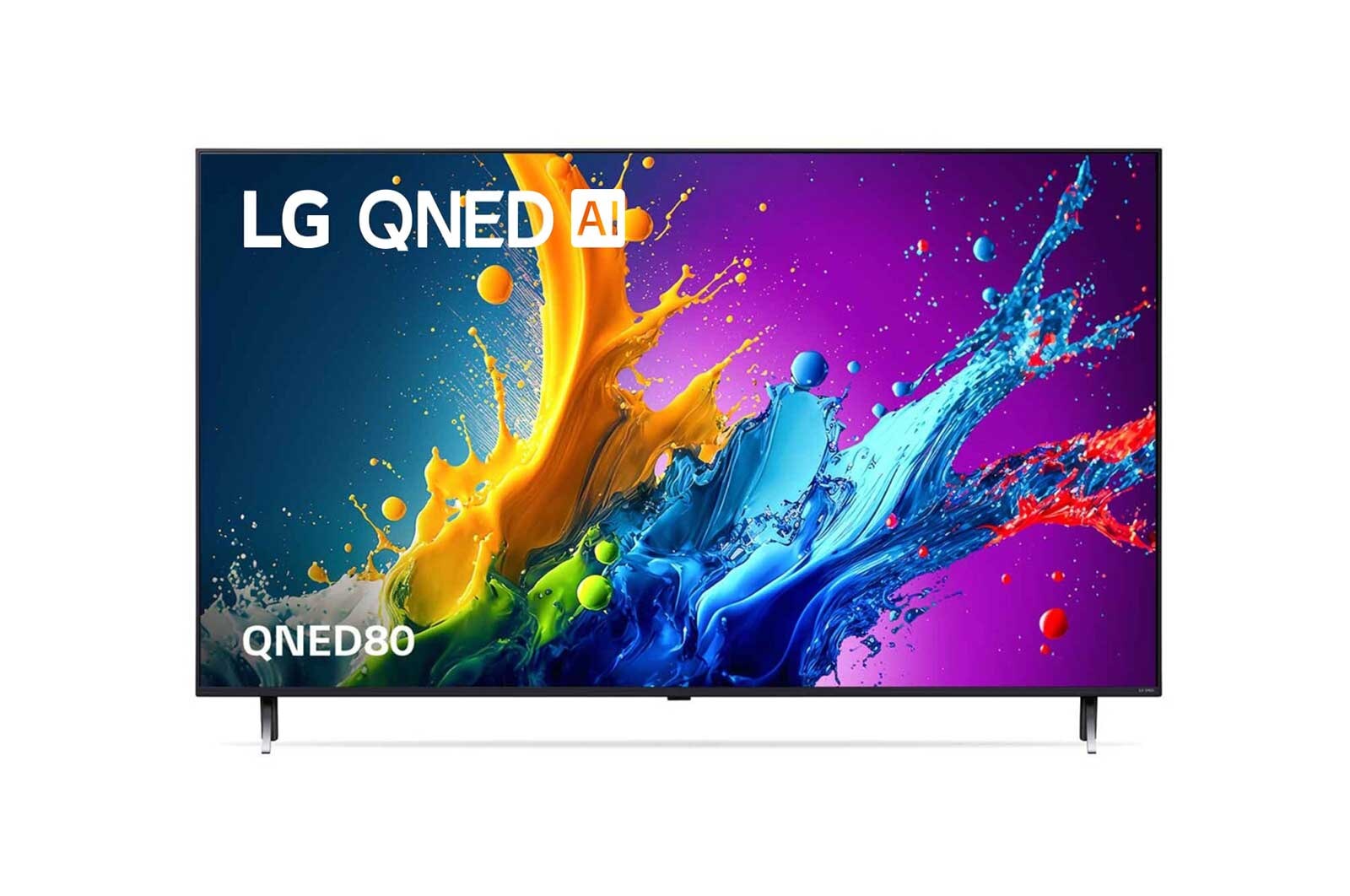 Front view of LG QNED TV, QNED80 with text of LG QNED and 2024 on screen