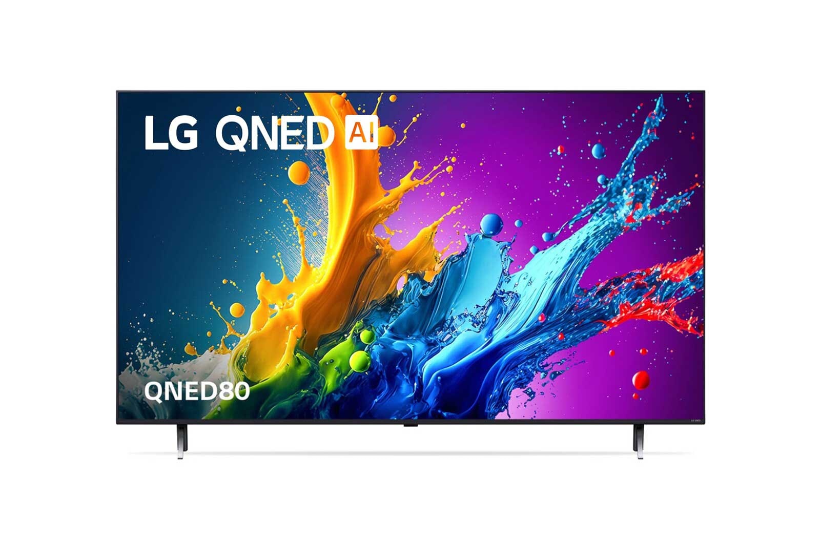 Front view of LG QNED TV, QNED80 with text of LG QNED and 2024 on screen