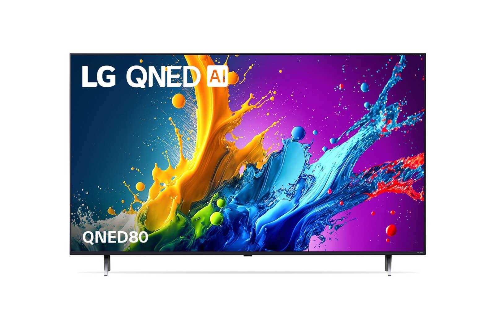 Front view of LG QNED TV, QNED80 with text of LG QNED and 2024 on screen