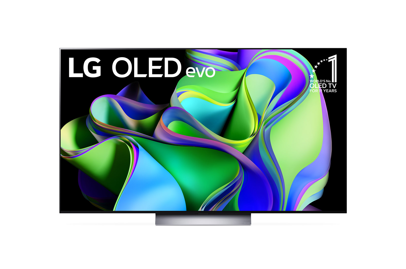 Front view with LG OLED evo and 11 Years World No.1 OLED Emblem on screen, as well as the Soundbar below. 