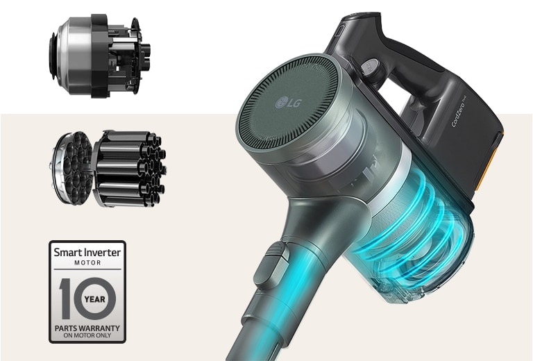 The graphic image shows the Smart Inverter Motor and the Axial Turbo Cyclone. In addition, the vacuum head and the head part are made transparent to show the Smart Inverter Motor installed from the inside.