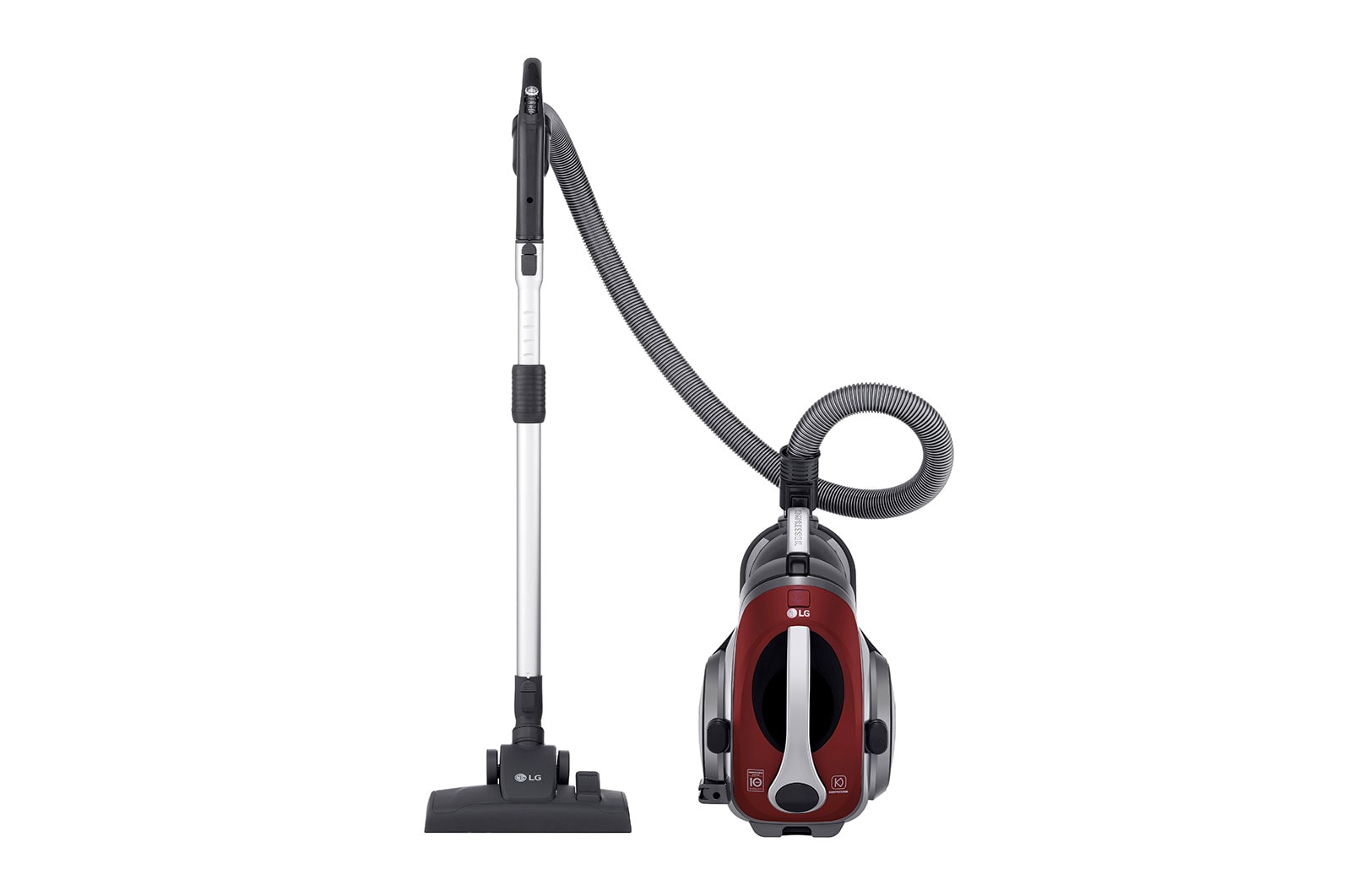 Front view of the vacuum cleaner body and the pipe standing side by side