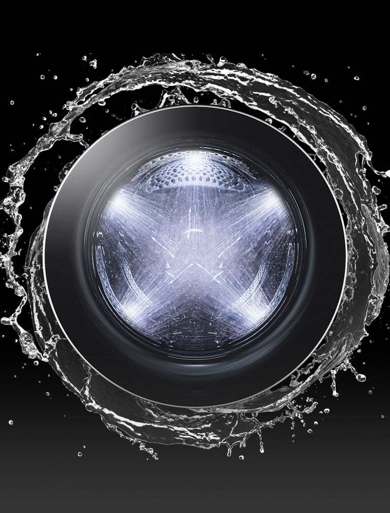 The front view of the washer door is shown lit up with five jets of water flowing inside and around the door is a stream of water.