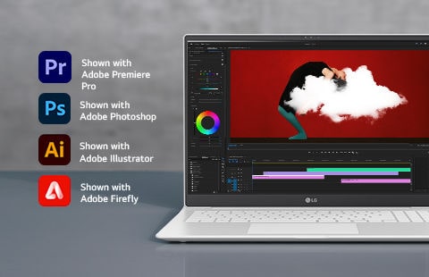 Process various software quickly - Shown with Adobe Firefly, Shown with Adobe Illustrator, Shown with Adobe Photoshop.