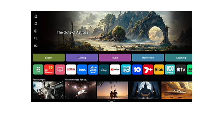 LG OLED evo AI C6 featuring AI Voice ID with My Page shows the webOS home screen with personalized recommendations tailored to the active user. 