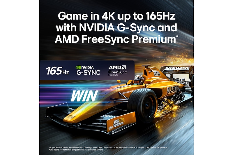 LG OLED evo AI C6 for Unbeatable Gameplay in 4K 165Hz shows a high-speed racing game with a yellow open-wheel car in motion, bold “WIN” text on screen, and NVIDIA G-SYNC and AMD FreeSync Premium logos at the top.
