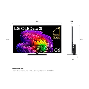 LG OLED evo AI G6 shown in front and side views highlights an 83-inch display with a 1847 mm-wide screen, 1057 mm screen height, 1115 mm height with stand, a 28 mm depth, and a stand footprint measuring 501 by 321 mm.