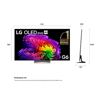 LG OLED evo AI G6 shown in front and side views highlights an 83-inch display with a 1847 mm-wide screen, 1057 mm screen height, 1115 mm height with stand, a 28 mm depth, and a stand footprint measuring 501 by 321 mm.