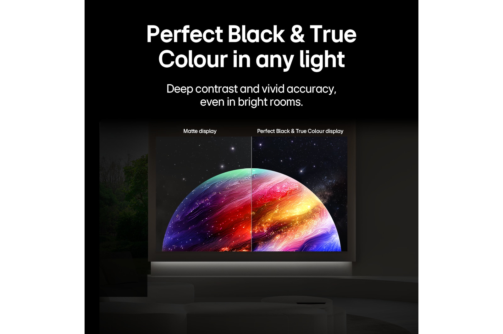 LG OLED evo AI G6 shows a split-screen planet-and-stars scene, comparing an anti-glare matte display with its Perfect Black & Perfect Color display for clearer picture quality in any light, supported by UL certification and Intertek certifications for color volume and color fidelity.
