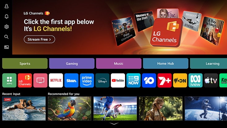 LG OLED evo AI C6 home screen navigates into the LG Channels interface, showcasing free live TV channels, movies, and exclusive content. The video highlights direct access to hundreds of entertainment options.