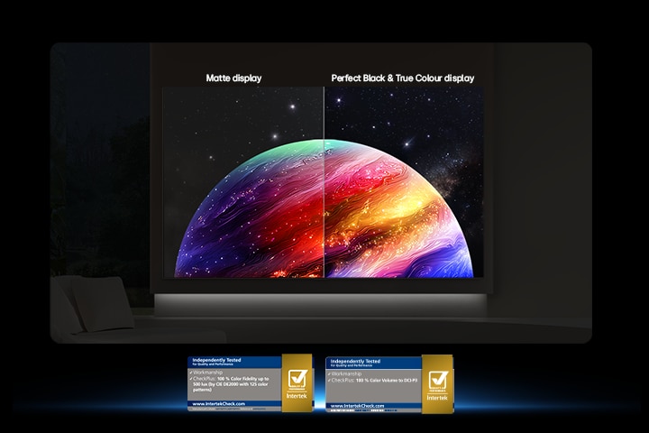 LG OLED AI B6 shows a split-screen planet-and-stars scene, comparing an anti-glare matte display with its Perfect Black & Perfect Color display for clearer picture quality in any light, supported by UL certification and Intertek certifications for color volume and color fidelity.