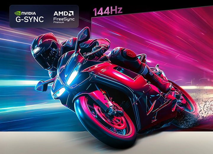 LG OLED AI B6 compares 144Hz vs 60Hz in a motorcycle racing game, showing the 144Hz panel as ultra-smooth and tear-free. NVIDIA G-SYNC and AMD FreeSync Premium logos appear at top left.