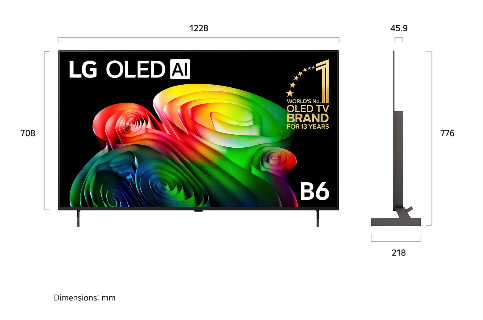 LG OLED AI B6 shown in front and side views highlights a 65-inch display with a 1449 mm-wide screen, an overall height of 832 mm, and an ultra-slim 45.9 mm depth without a stand.