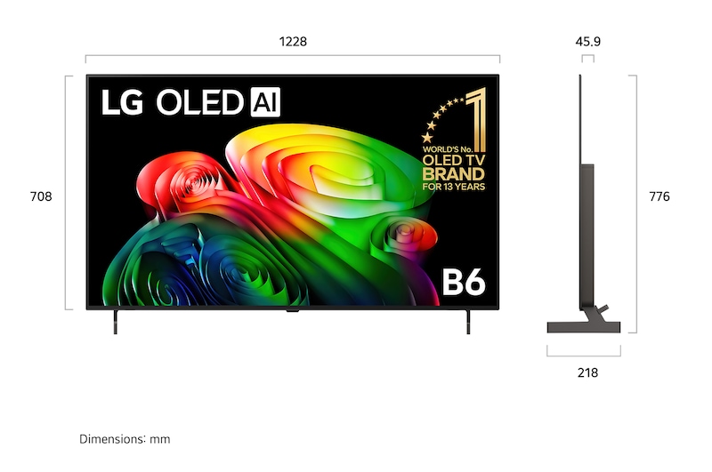 LG OLED AI B6 shown in front and side views highlights a 65-inch display with a 1449 mm-wide screen, an overall height of 832 mm, and an ultra-slim 45.9 mm depth without a stand.