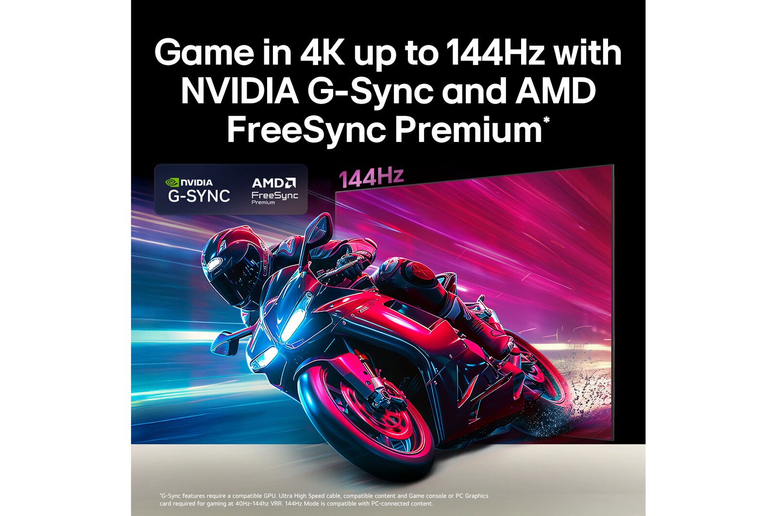 LG OLED AI B6 compares 144Hz vs 60Hz in a motorcycle racing game, showing the 144Hz panel as ultra-smooth and tear-free. NVIDIA G-SYNC and AMD FreeSync Premium logos appear at top left.